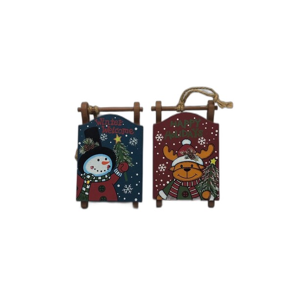 Set Of 2 Creative Design Limited Wood Sleds 2012 Christmas Ornaments 4.5" X 3" - Picture 1 of 8